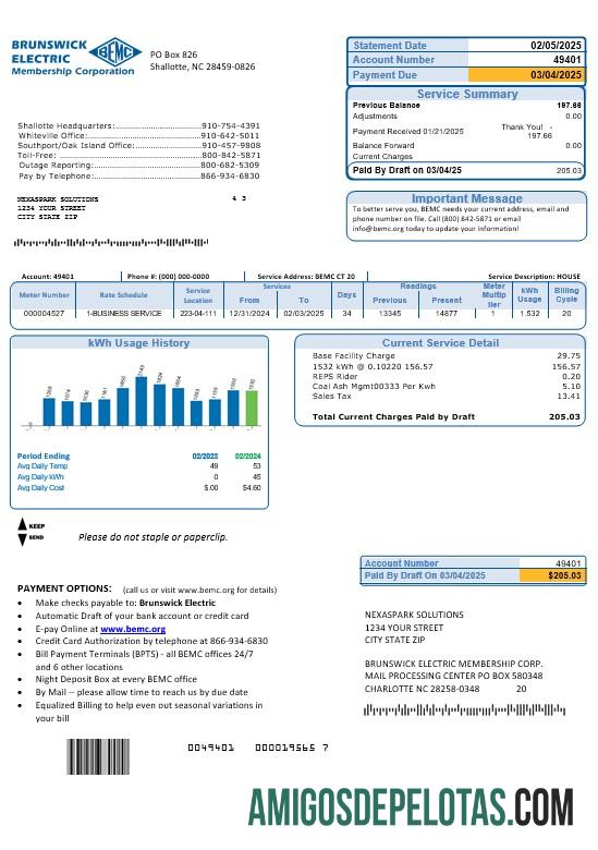 Para baixar modelo de conta de serviços públicos da Carolina do Norte dos EUA Brunswick Electric em formatos Word e PDF